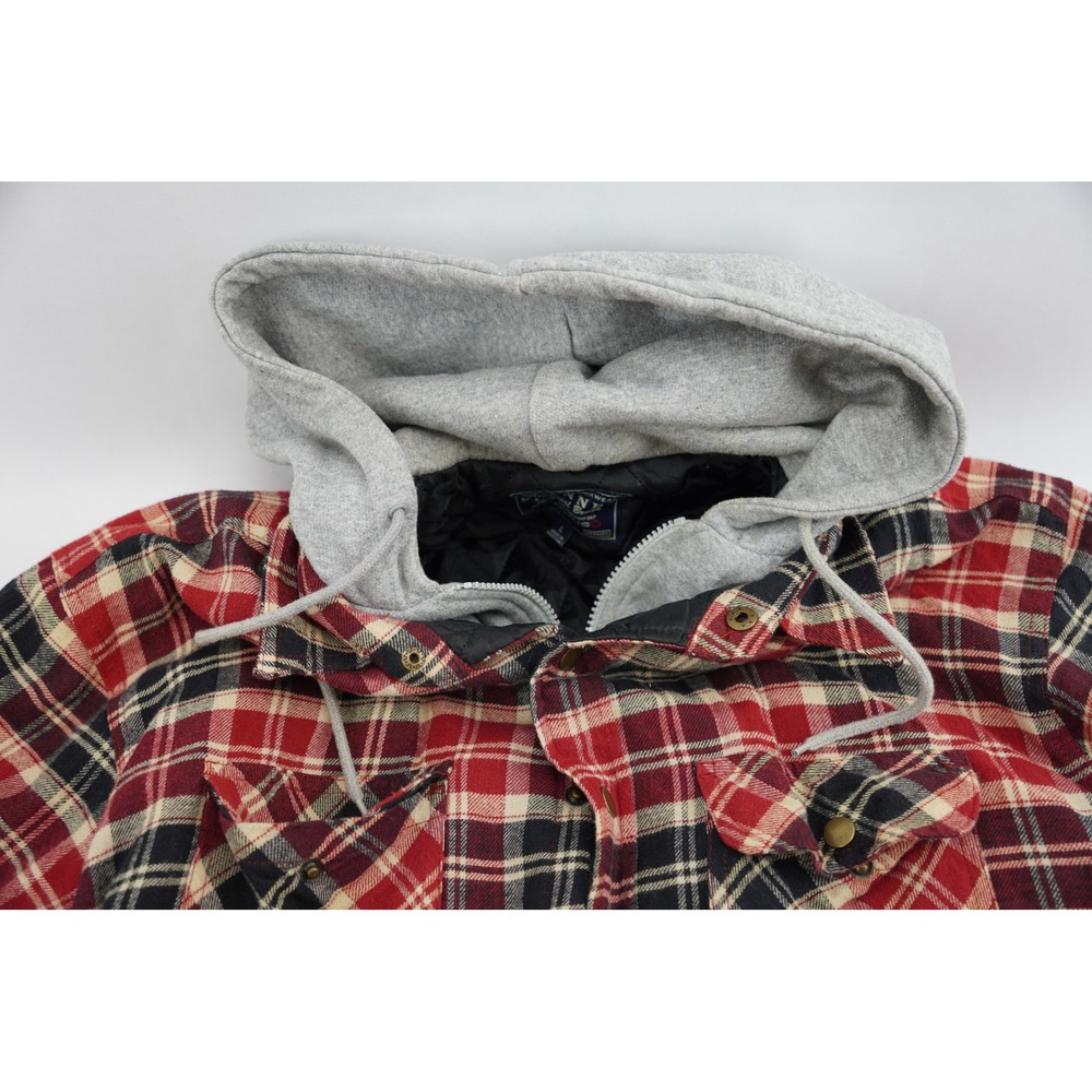 CACTUS Flannel Quilted Lined‎ Hooded Shirt Jacket Red Black Plaid Mens L - Picture 2 of 10